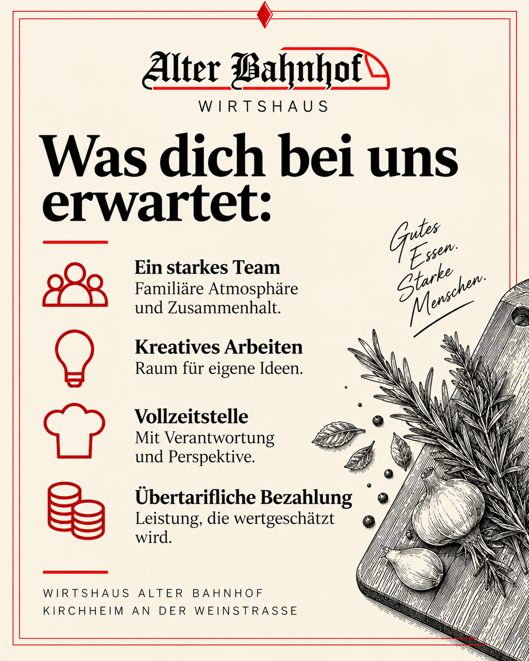 Was dich bei uns erwartet – Stellenausschreibung Wirtshaus Alter Bahnhof